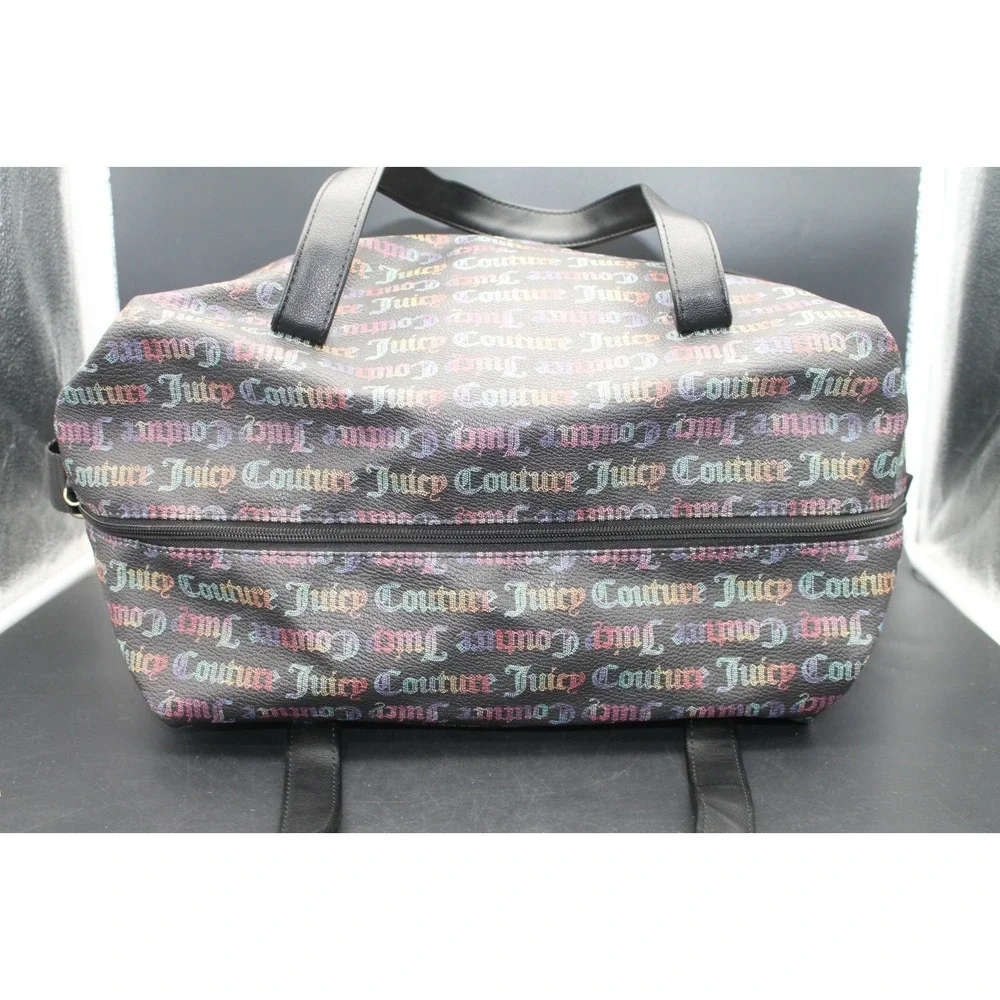 Juicy Couture Rainbow Logo Print Satchel Duffel Shoulder Bag Black Crown Charm
